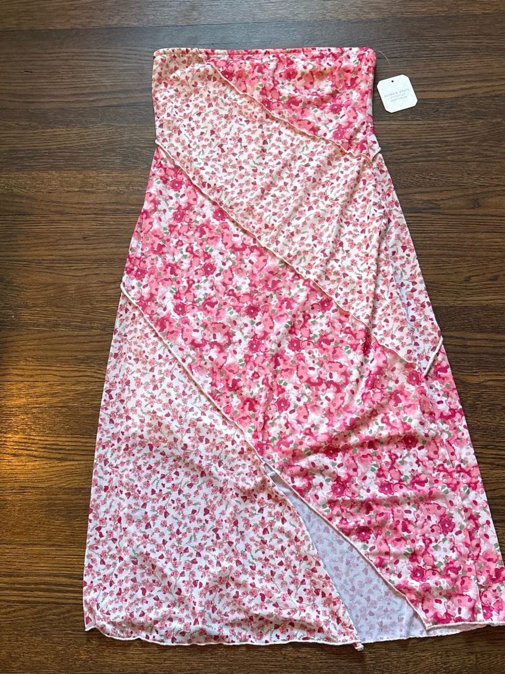 Altar'd State Strapless Pink Floral Tiered Midi Dress